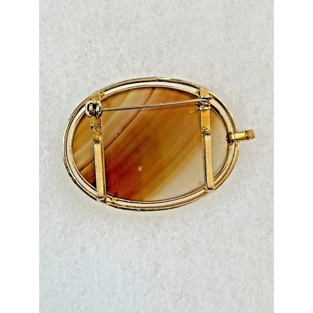 Vintage Banded Agate Stone Brooch Pendant Gold Tone Convertible Oval Cabochon